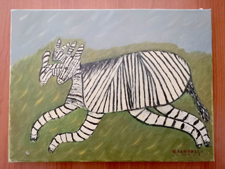 Dipinto di Natale Randazzo: Una zebra anomala con tre teste, sopravvive solitaria scappando sempre (Messina, settembre 1997)